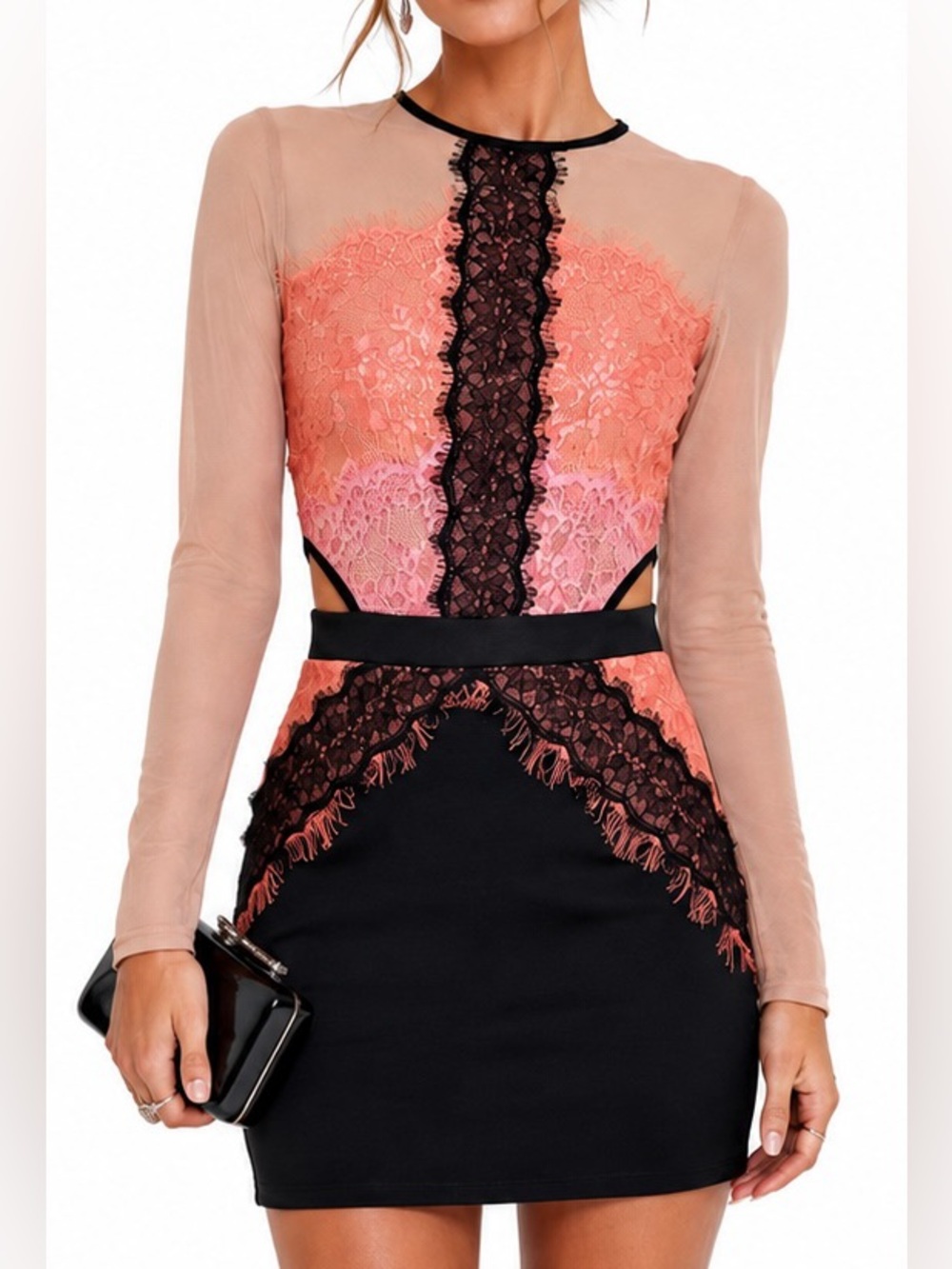 Topshop Illusion Mesh Eyelash Lace Cutout Bodycon Mini Dress US 4 Pink Black